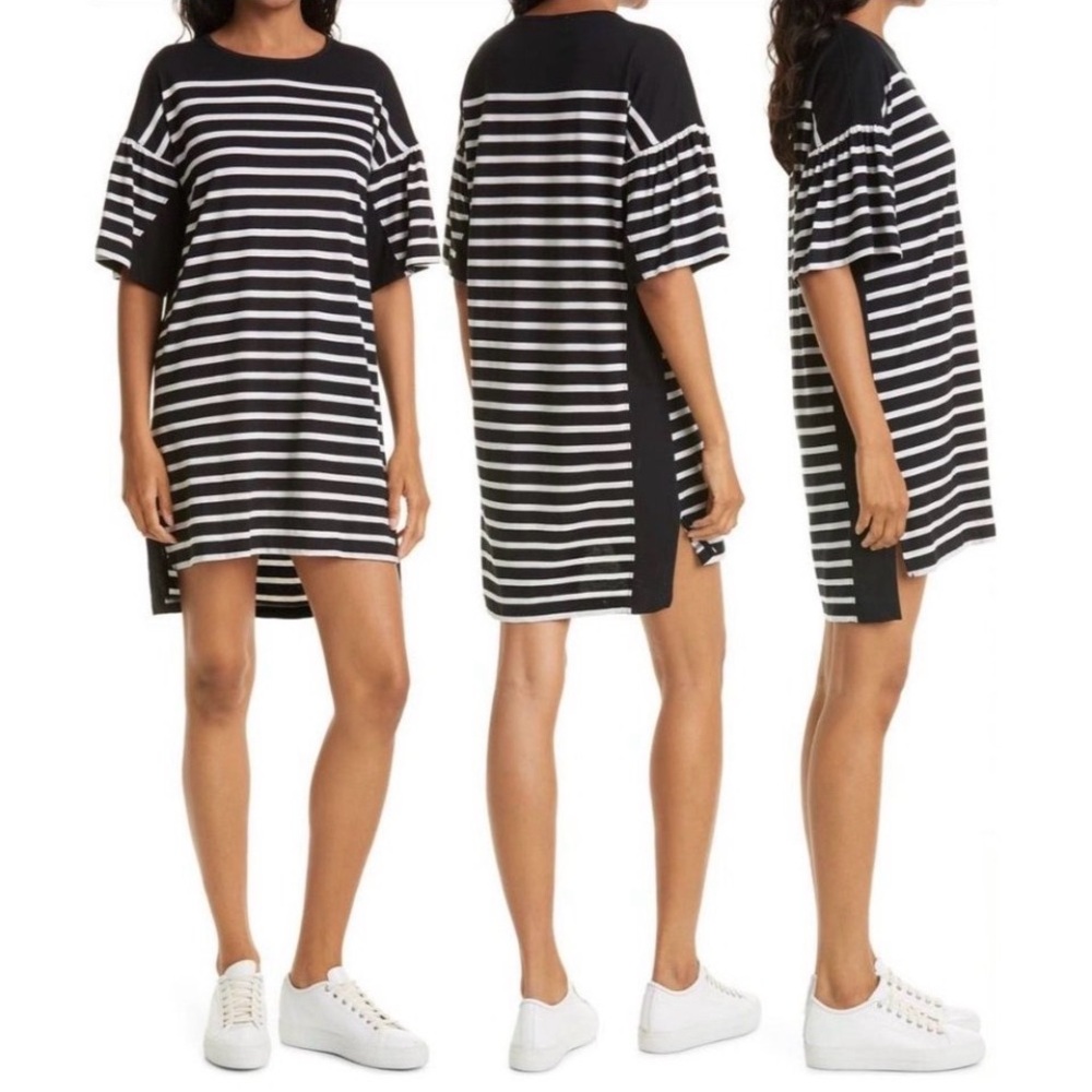 LA LIGNE Stripe Drop Shoulder Puff
Sleeve Cotton Knit Dress Black White XL